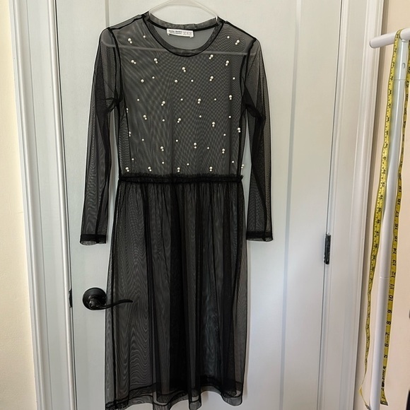NWOT ZARA Black Mesh Dress with Pearls! - Picture 1 of 4